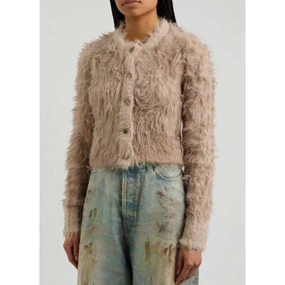 Acne Sweaters - ACNE STUDIOS Kradi Textured Cardigan Faux Fur Chunky Knit Cropped Sweater Tan